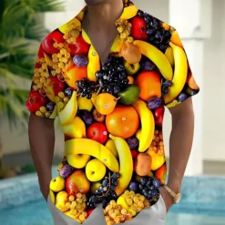 Men's Fruit Food Hamburger Summer Hawaiian Shirt Button Up Shirt Aloha Shirt Short Sleeve Hawaiian Holiday Beach Wear Summer Spring Turndown 3D Print Collared Shirts Front One Pocket Black Orange