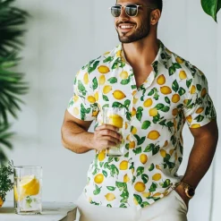 Men's Fruit Lemon Summer Hawaiian Shirt Button Up Shirt Aloha Shirt Short Sleeve Hawaiian Resort Vacation Holiday Beach Wear Summer Spring Turndown 3D Print Collared Shirts White