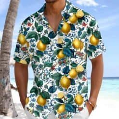 Men's Fruit Lemon Tropical Plants Summer Hawaiian Shirt Button Up Shirt Aloha Shirt Short Sleeve Shirt Turndown Hawaiian Vacation Holiday Beach Wear Blue Dark Green Green S M L
