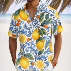 Men's Fruit Lemon Tropical Plants Summer Hawaiian Shirt Button Up Shirt Aloha Shirt Short Sleeve Shirt Turndown Hawaiian Vacation Holiday Beach Wear Blue Dark Green Green S M L