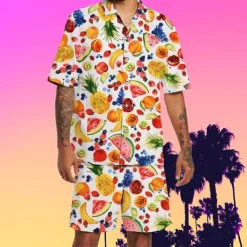 Men's Fruit Pineapple Watermelon 2pcs Shirts Sets Summer Hawaiian Shirt Short Sleeve Short Pants Turndown Tropical Fashion Hawaiian Street Casual Hawaiian Print Summer Spring White Orange
