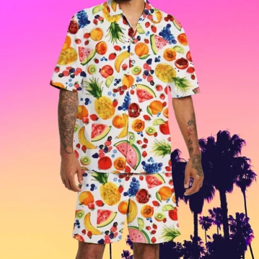 Men's Fruit Pineapple Watermelon 2pcs Shirts Sets Summer Hawaiian Shirt Short Sleeve Short Pants Turndown Tropical Fashion Hawaiian Street Casual Hawaiian Print Summer Spring White Orange