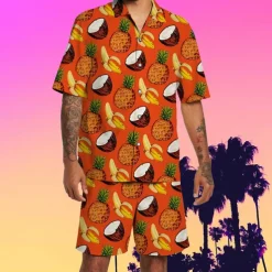 Men's Fruit Pineapple Watermelon 2pcs Shirts Sets Summer Hawaiian Shirt Short Sleeve Short Pants Turndown Tropical Fashion Hawaiian Street Casual Hawaiian Print Summer Spring White Orange