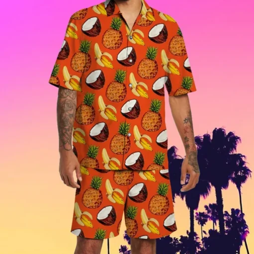 Men's Fruit Pineapple Watermelon 2pcs Shirts Sets Summer Hawaiian Shirt Short Sleeve Short Pants Turndown Tropical Fashion Hawaiian Street Casual Hawaiian Print Summer Spring White Orange