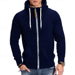 Men's Full Zip Hoodie Zip Up Hoodie Black Navy Blue Light Grey Dark Gray Hooded Plain Zip Up Front Pocket Sports & Outdoor Daily Holiday Polyester Streetwear Basic Casual Spring & Fall Clothing