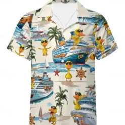 Men's Funny Duck Cruise Ship Shirt Cuban Collar Shirt Summer Hawaiian Shirt Short Sleeve Hawaiian Vacation Holiday Beach Wear Summer Spring Grandad Collar Standing Collar Camp Collar Shirt 3D Print