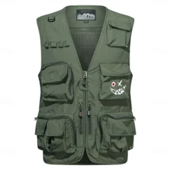 Men's Funny Smile Face Grimace Vest Waistcoat Gilet Tactical Practical Removable Casual Sports Outdoor Fishing Photography Mesh Side Pockets Quick Dry Fall Winter Collarless Sleeveless khaki Army