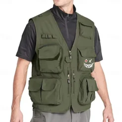 Men's Funny Smile Face Grimace Vest Waistcoat Gilet Tactical Practical Removable Casual Sports Outdoor Fishing Photography Mesh Side Pockets Quick Dry Fall Winter Collarless Sleeveless khaki Army