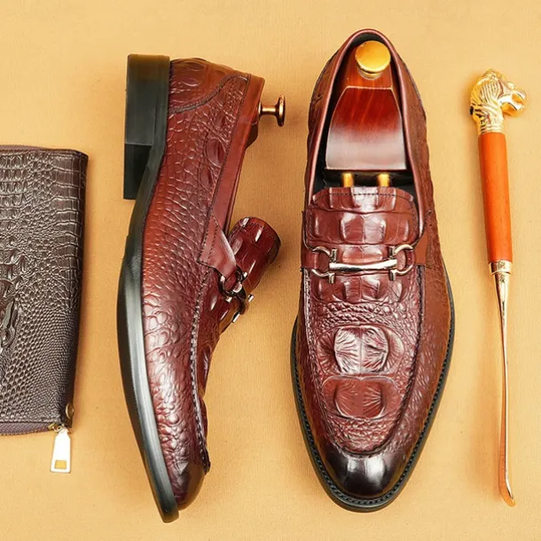 Men's Genuine Leather Crocodile Pattern Loafers with Metal Bit – Luxury Slip-On Dress Shoes for Business, Weddings & Formal Occasions