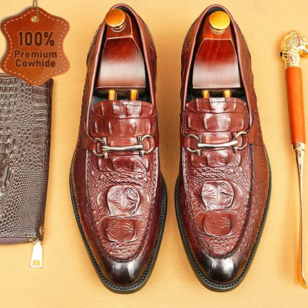 Men's Genuine Leather Crocodile Pattern Loafers with Metal Bit – Luxury Slip-On Dress Shoes for Business, Weddings & Formal Occasions