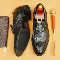 Men's Genuine Leather Crocodile Pattern Loafers with Metal Bit – Luxury Slip-On Dress Shoes for Business, Weddings & Formal Occasions