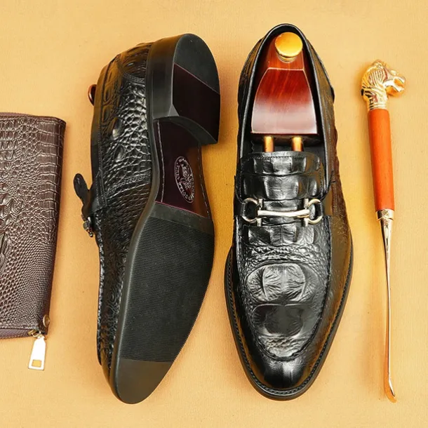 Men's Genuine Leather Crocodile Pattern Loafers with Metal Bit – Luxury Slip-On Dress Shoes for Business, Weddings & Formal Occasions