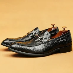 Men's Genuine Leather Crocodile Pattern Loafers with Metal Bit – Luxury Slip-On Dress Shoes for Business, Weddings & Formal Occasions