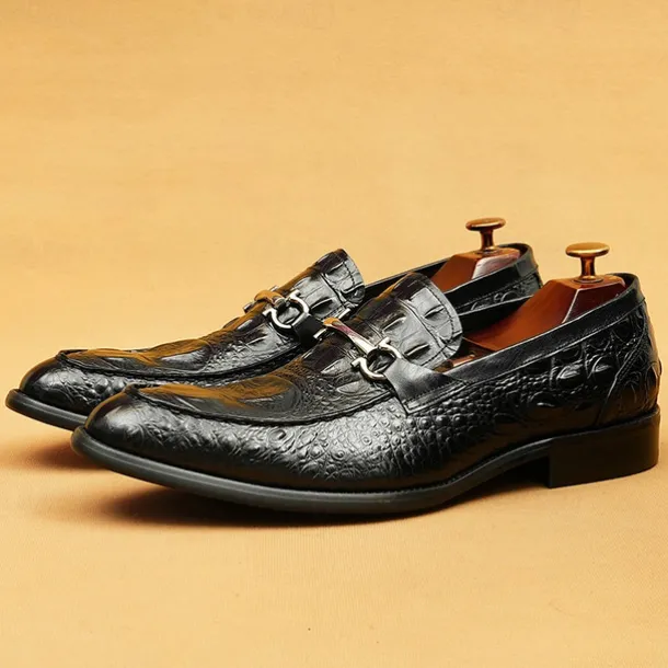 Men's Genuine Leather Crocodile Pattern Loafers with Metal Bit – Luxury Slip-On Dress Shoes for Business, Weddings & Formal Occasions