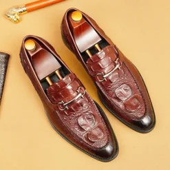 Men's Genuine Leather Crocodile Pattern Loafers with Metal Bit – Luxury Slip-On Dress Shoes for Business, Weddings & Formal Occasions