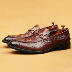Men's Genuine Leather Crocodile Pattern Loafers with Metal Bit – Luxury Slip-On Dress Shoes for Business, Weddings & Formal Occasions