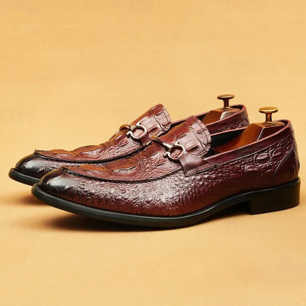 Men's Genuine Leather Crocodile Pattern Loafers with Metal Bit – Luxury Slip-On Dress Shoes for Business, Weddings & Formal Occasions
