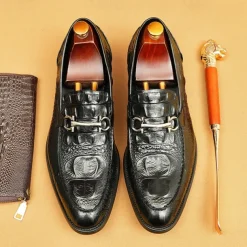 Men's Genuine Leather Crocodile Pattern Loafers with Metal Bit – Luxury Slip-On Dress Shoes for Business, Weddings & Formal Occasions