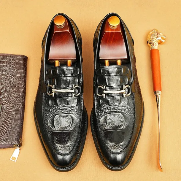 Men's Genuine Leather Crocodile Pattern Loafers with Metal Bit – Luxury Slip-On Dress Shoes for Business, Weddings & Formal Occasions