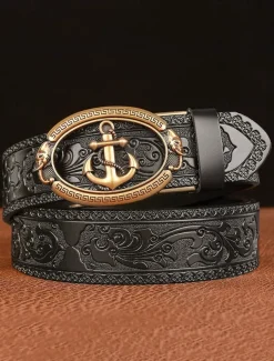 Men's Genuine Leather Vintage Embossed Belt with Anchor Buckle – Nautical Style Accessory for Casual and Formal Wear