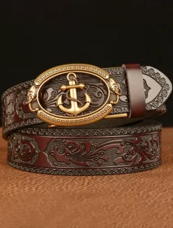 Men's Genuine Leather Vintage Embossed Belt with Anchor Buckle – Nautical Style Accessory for Casual and Formal Wear