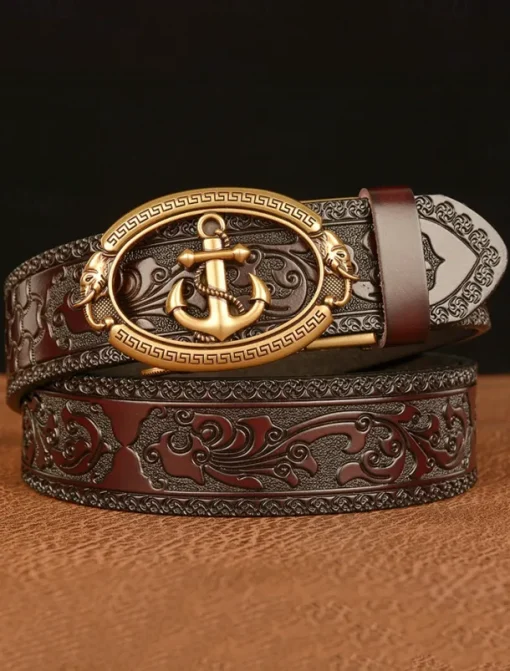 Men's Genuine Leather Vintage Embossed Belt with Anchor Buckle – Nautical Style Accessory for Casual and Formal Wear