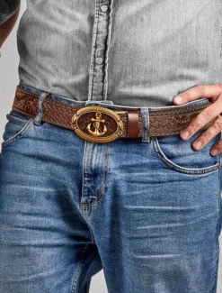 Men's Genuine Leather Vintage Embossed Belt with Anchor Buckle – Nautical Style Accessory for Casual and Formal Wear
