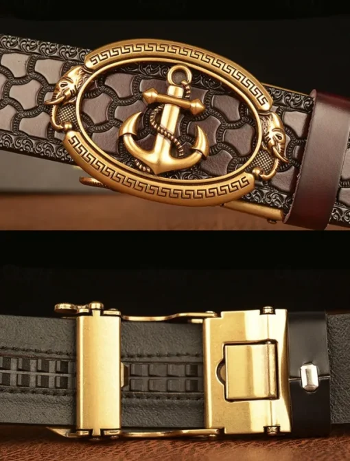 Men's Genuine Leather Vintage Embossed Belt with Anchor Buckle – Nautical Style Accessory for Casual and Formal Wear