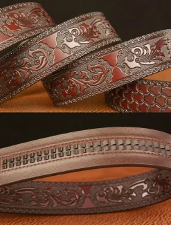 Men's Genuine Leather Vintage Embossed Belt with Anchor Buckle – Nautical Style Accessory for Casual and Formal Wear