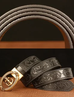Men's Genuine Leather Vintage Embossed Belt with Anchor Buckle – Nautical Style Accessory for Casual and Formal Wear