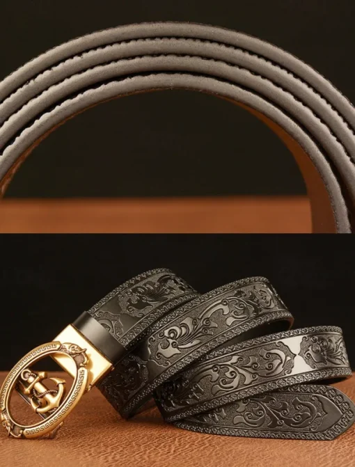 Men's Genuine Leather Vintage Embossed Belt with Anchor Buckle – Nautical Style Accessory for Casual and Formal Wear