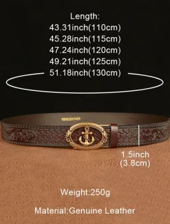 Men's Genuine Leather Vintage Embossed Belt with Anchor Buckle – Nautical Style Accessory for Casual and Formal Wear