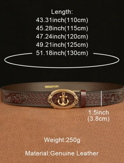 Men's Genuine Leather Vintage Embossed Belt with Anchor Buckle – Nautical Style Accessory for Casual and Formal Wear