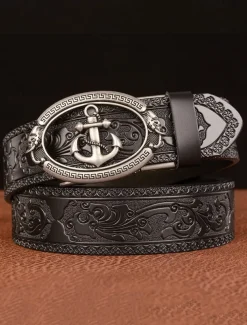 Men's Genuine Leather Vintage Embossed Belt with Anchor Buckle – Nautical Style Accessory for Casual and Formal Wear