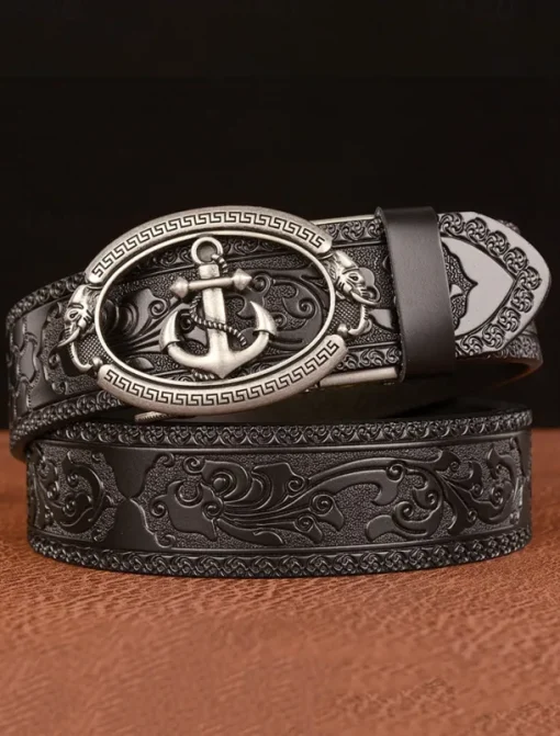 Men's Genuine Leather Vintage Embossed Belt with Anchor Buckle – Nautical Style Accessory for Casual and Formal Wear