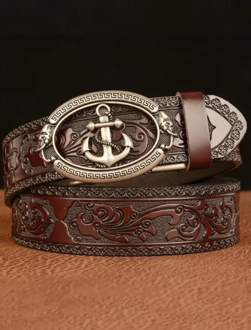 Men's Genuine Leather Vintage Embossed Belt with Anchor Buckle – Nautical Style Accessory for Casual and Formal Wear