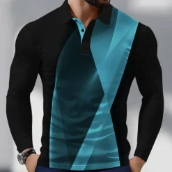 Men's Geometic Line Polo Long Sleeve Polo Shirts Collared Shirts Business Casual Athleisure Daily Wear 3D Print Spring Fall Lake blue White Blue