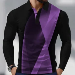 Men's Geometic Line Polo Long Sleeve Polo Shirts Collared Shirts Business Casual Athleisure Daily Wear 3D Print Spring Fall Lake blue White Blue