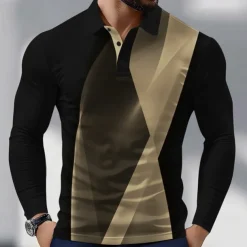 Men's Geometic Line Polo Long Sleeve Polo Shirts Collared Shirts Business Casual Athleisure Daily Wear 3D Print Spring Fall Lake blue White Blue