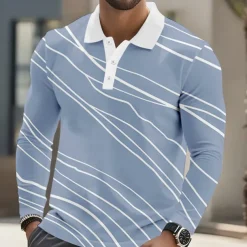 Men's Geometic Line Polo Long Sleeve Polo Shirts Lapel Business Casual Athleisure Daily Wear 3D Print Buttons Spring Fall Winter Blue Green Light Blue