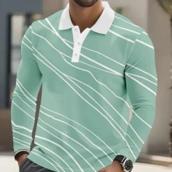 Men's Geometic Line Polo Long Sleeve Polo Shirts Lapel Business Casual Athleisure Daily Wear 3D Print Buttons Spring Fall Winter Blue Green Light Blue