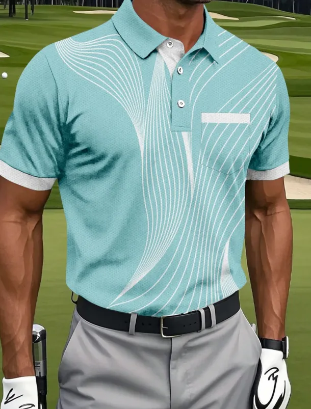 Men's Geometic Line Polo Sports Polo Shirts Short Sleeve Polo Shirts Collared Shirts Sportswear Casual Outdoor Athleisure Daily Wear Pocket 3D Print Buttons Summer Blue Brown Green