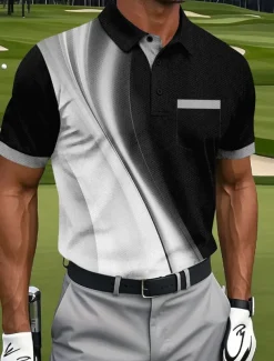 Men's Geometic Line Polo Short Sleeve Polo Shirts Collared Shirts Business Casual Athleisure Daily Wear Pocket 3D Print Buttons Summer White Blue Purple