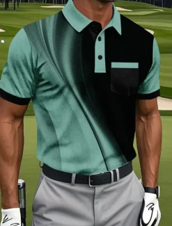 Men's Geometic Line Polo Short Sleeve Polo Shirts Collared Shirts Business Casual Athleisure Daily Wear Pocket 3D Print Buttons Summer White Blue Purple