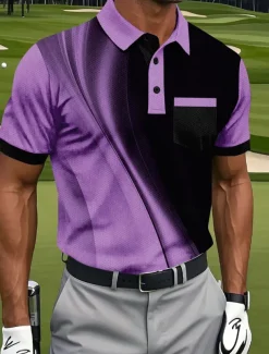 Men's Geometic Line Polo Short Sleeve Polo Shirts Collared Shirts Business Casual Athleisure Daily Wear Pocket 3D Print Buttons Summer White Blue Purple