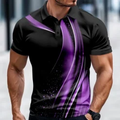 Men's Geometic Line Polo Short Sleeve Polo Shirts Collared Shirts Casual Outdoor Business Daily Wear 3D Print Summer Spring Fall Blue Purple Brown