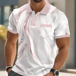 Men's Geometic Line Polo Short Sleeve Polo Shirts Collared Shirts Business Casual Outdoor Athleisure Daily Wear Pocket 3D Print Buttons Summer Pink Blue Gold