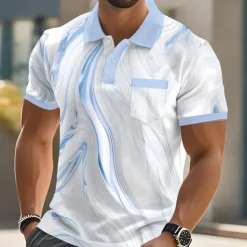 Men's Geometic Line Polo Short Sleeve Polo Shirts Collared Shirts Business Casual Outdoor Athleisure Daily Wear Pocket 3D Print Buttons Summer Pink Blue Gold