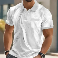 Men's Geometic Line Polo Short Sleeve Polo Shirts Collared Shirts Business Casual Outdoor Athleisure Daily Wear Pocket 3D Print Buttons Summer Pink Blue Gold