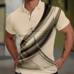 Men's Geometic Line Polo Short Sleeve Polo Shirts Collared Shirts Casual School Outdoor Daily Wear Home Wear 3D Print Summer Spring Fall White Blue Brown